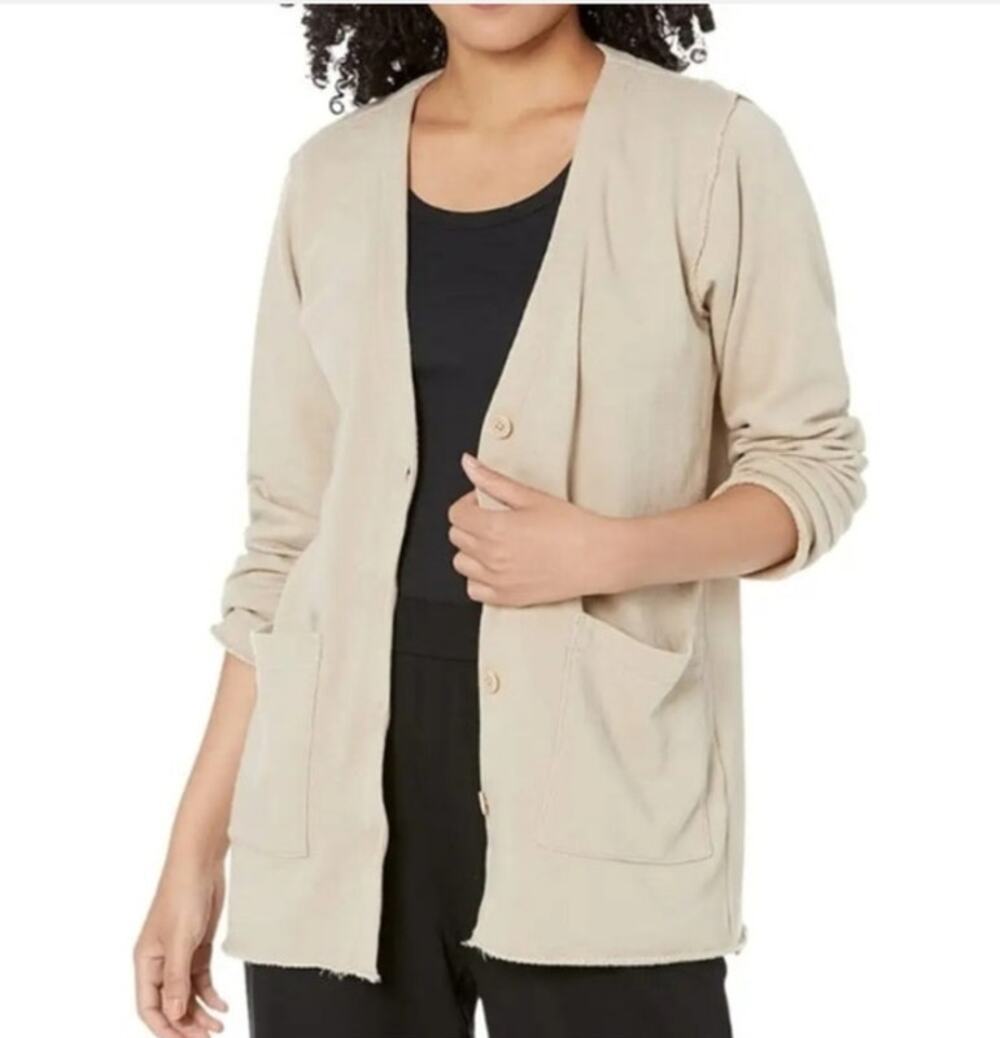 Eileen Fisher Organic Cotton Terry Cardigan S Khaki Minimalist Earthy Natural